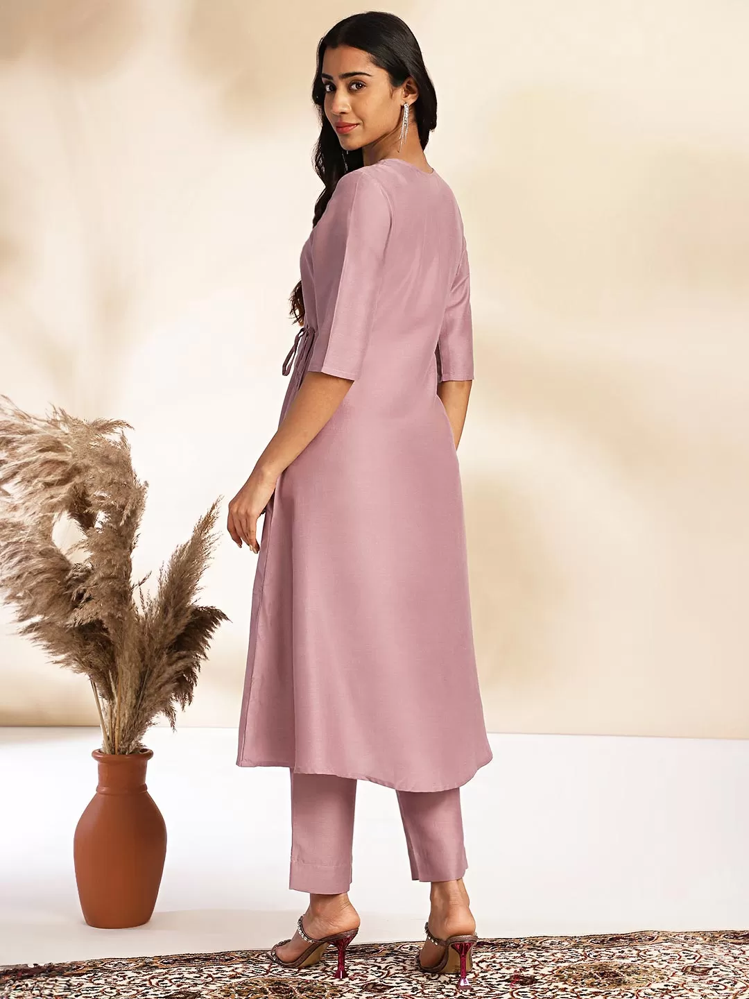 Lavender Chinnon Solid Angrakha Kurta Set