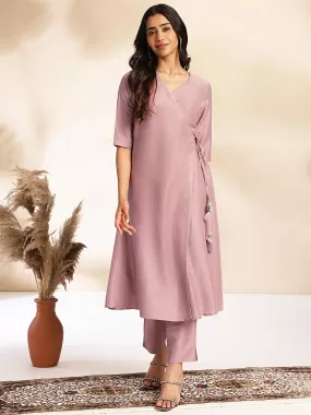 Lavender Chinnon Solid Angrakha Kurta Set