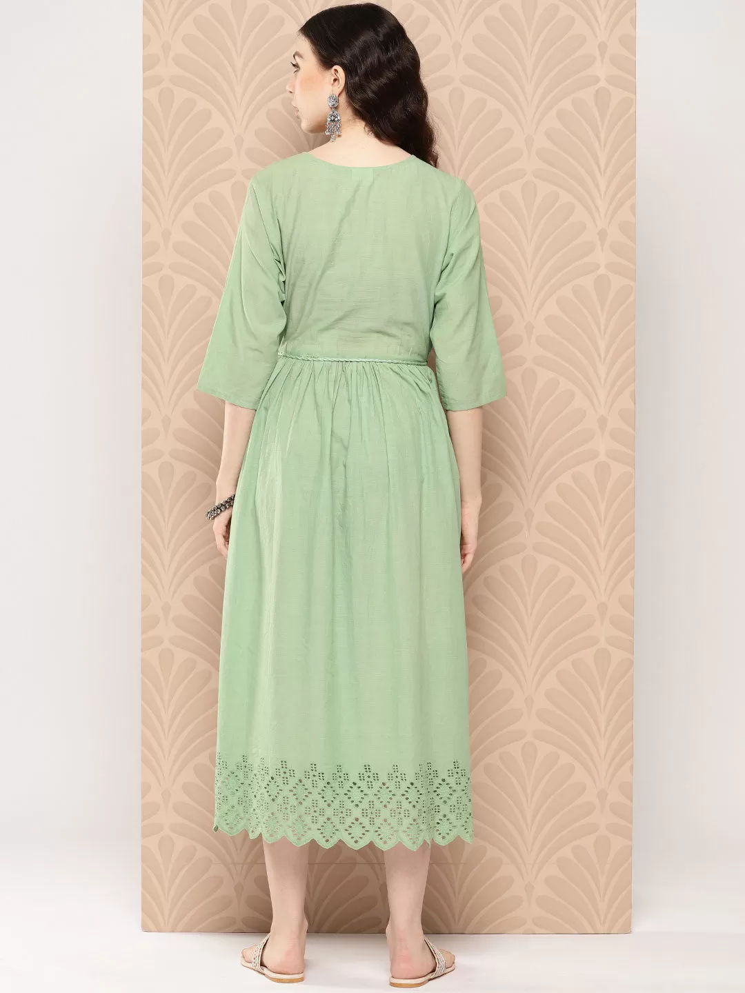 Light Green Cotton Schiffli Flared Dress