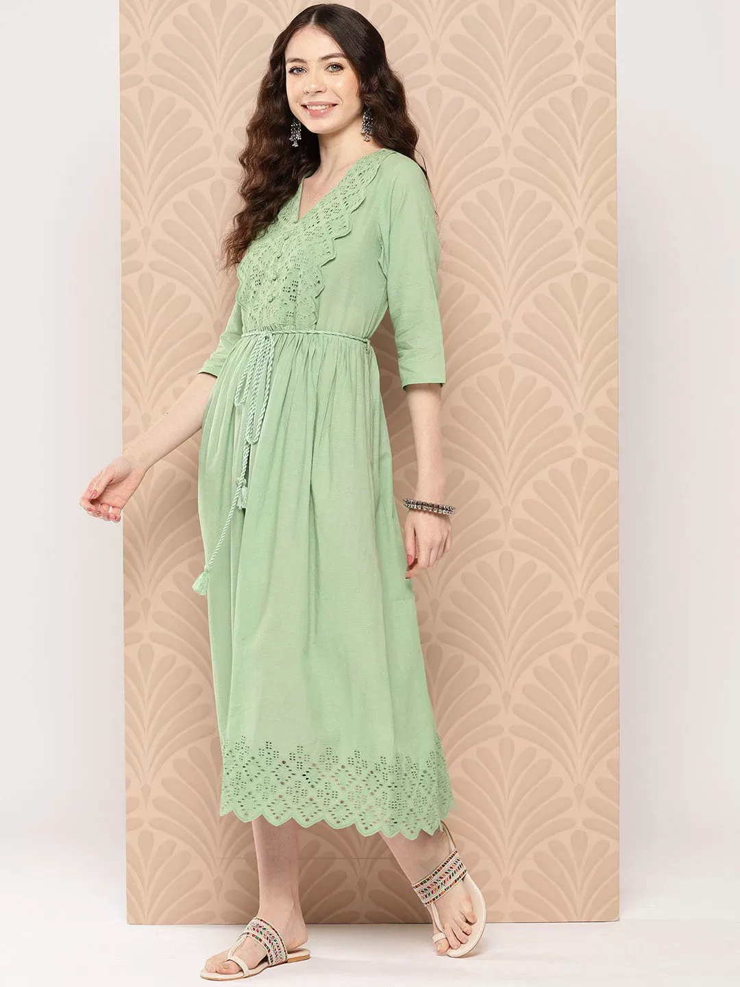 Light Green Cotton Schiffli Flared Dress