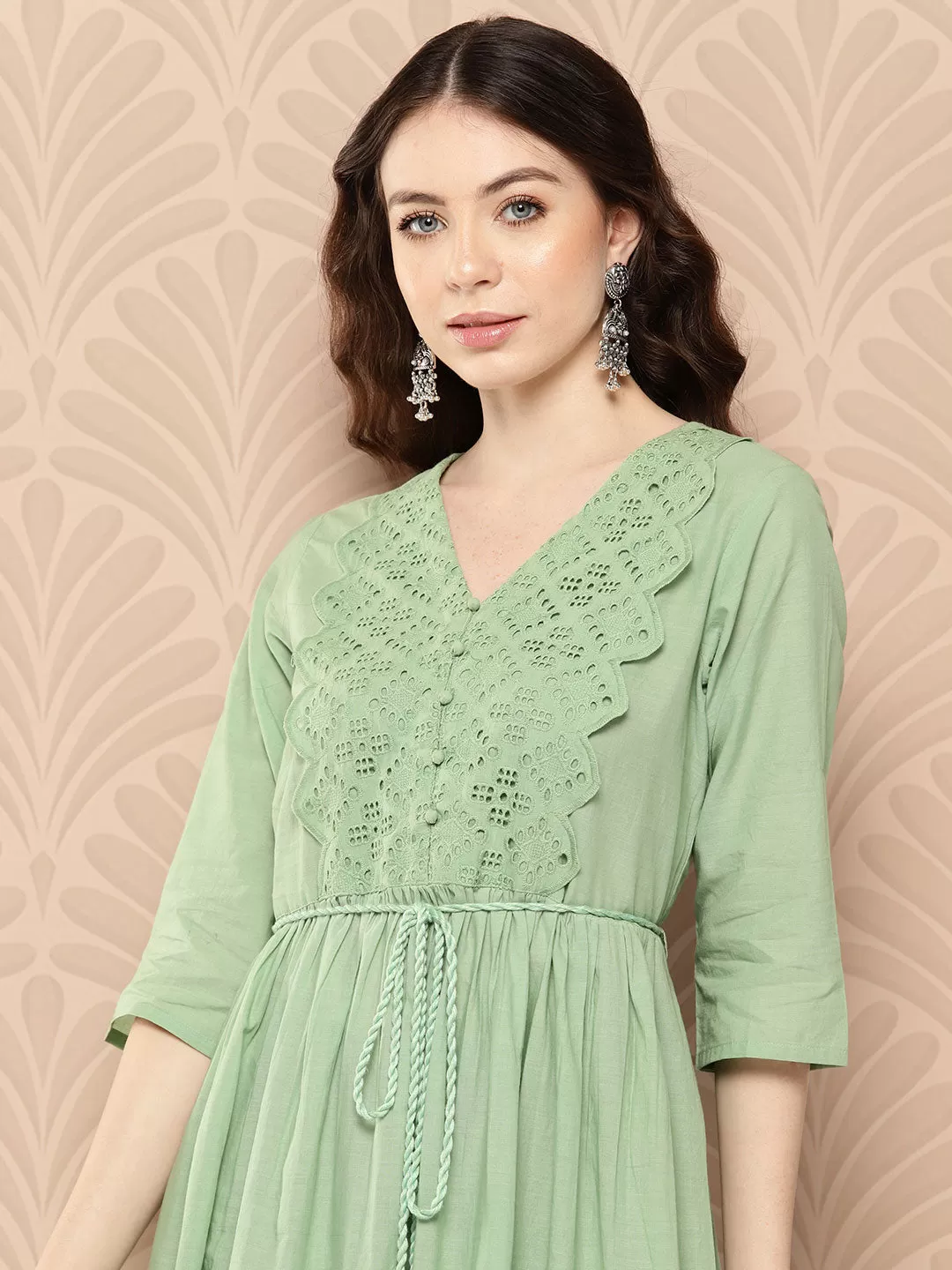 Light Green Cotton Schiffli Flared Dress