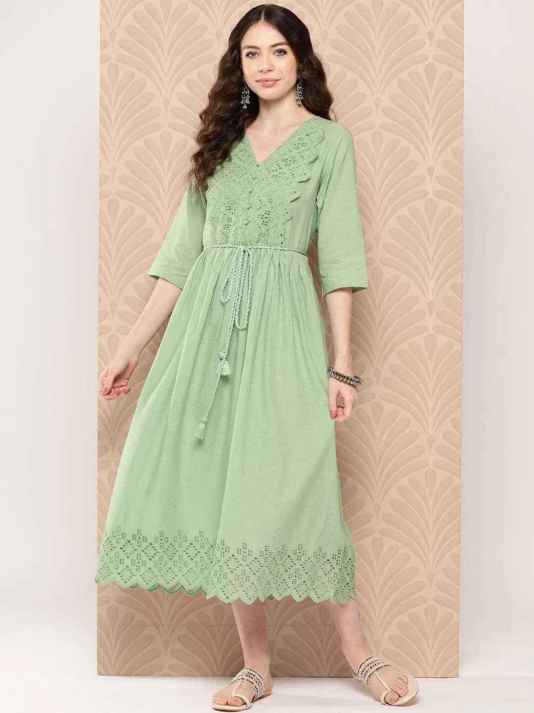 Light Green Cotton Schiffli Flared Dress