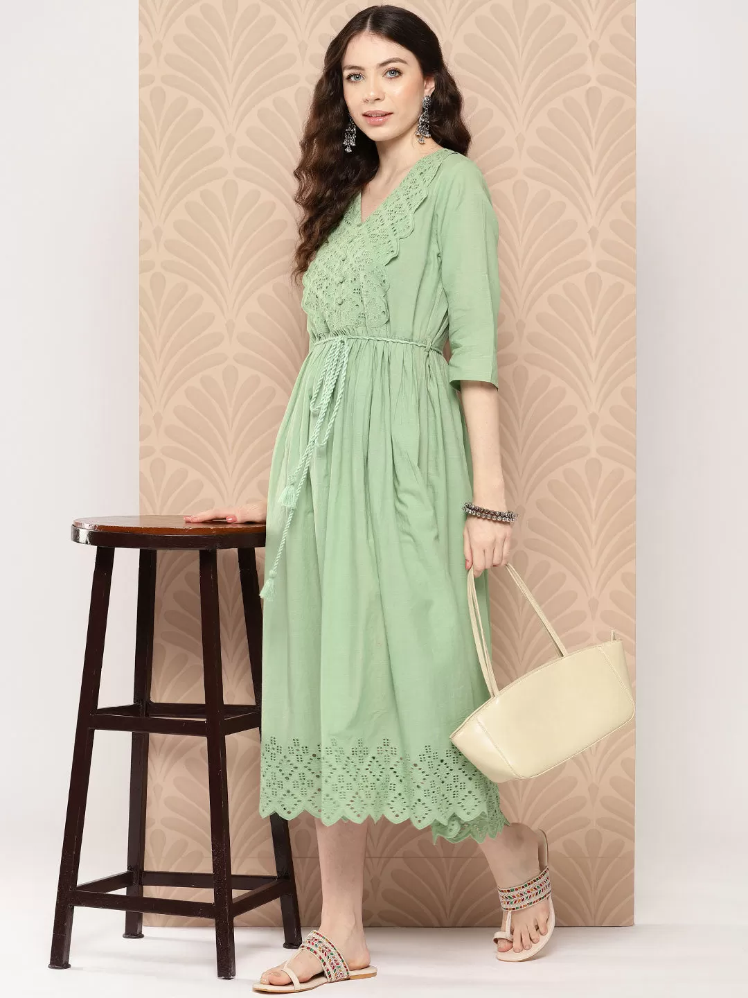 Light Green Cotton Schiffli Flared Dress