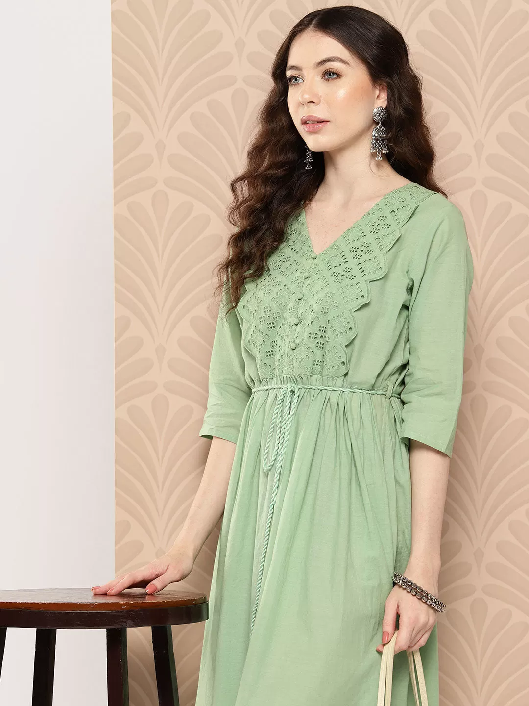 Light Green Cotton Schiffli Flared Dress