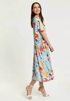 Liquorish Blue Floral Print Maxi Smock Dress