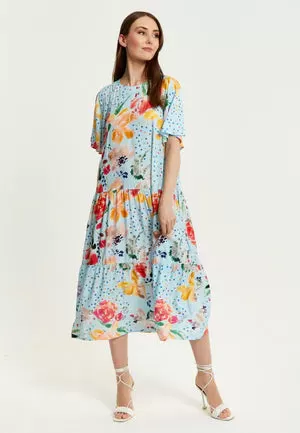 Liquorish Blue Floral Print Maxi Smock Dress