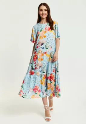 Liquorish Blue Floral Print Maxi Smock Dress