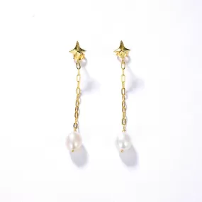 Long Drop Cross Pearl Earrings Gold Vermeil