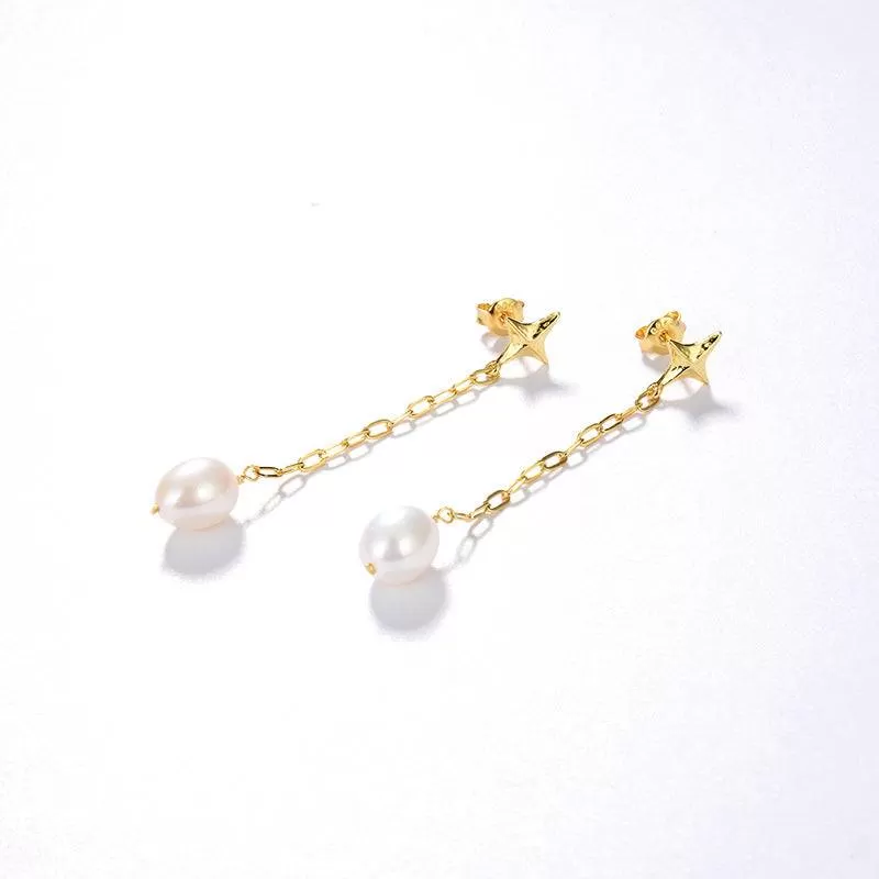 Long Drop Cross Pearl Earrings Gold Vermeil