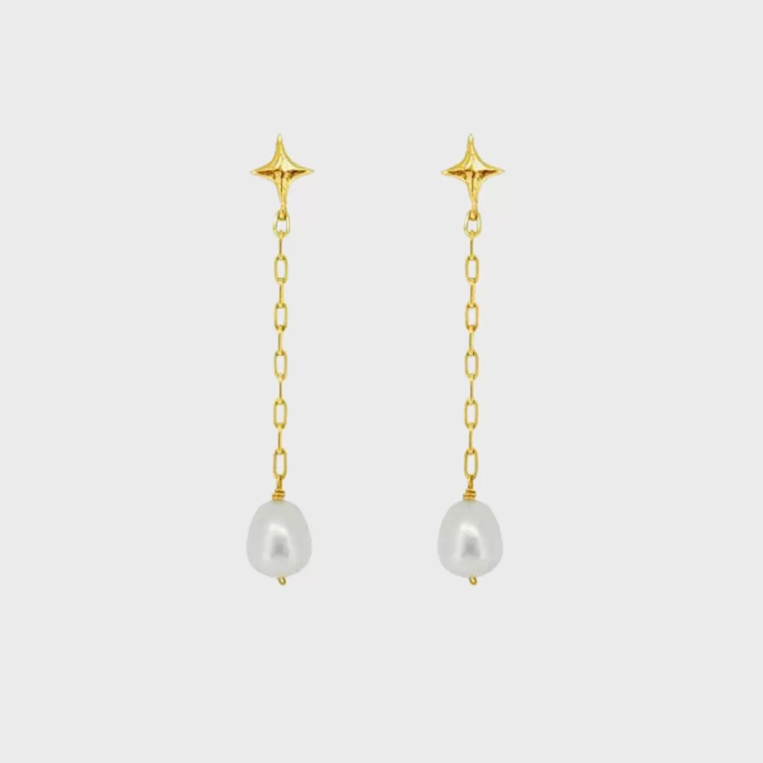 Long Drop Cross Pearl Earrings Gold Vermeil