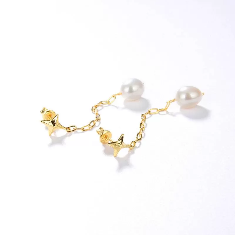 Long Drop Cross Pearl Earrings Gold Vermeil