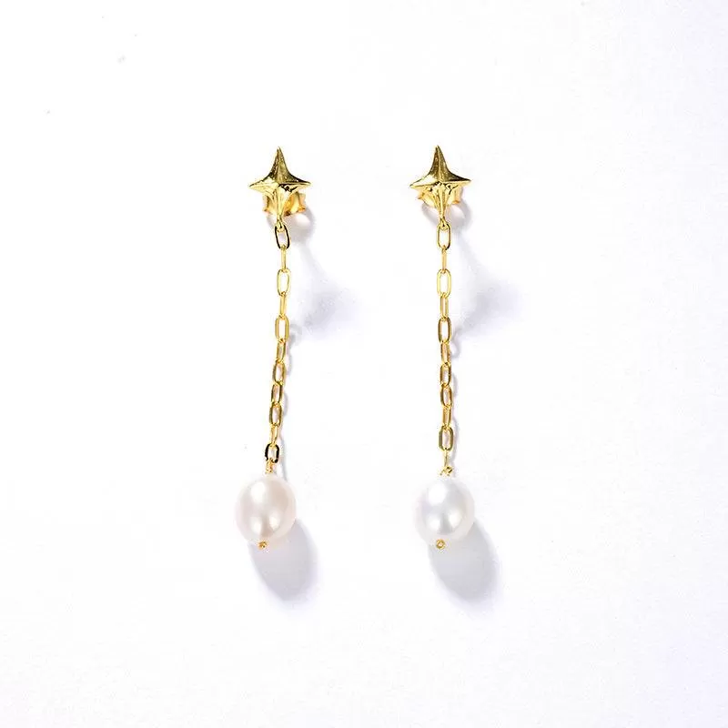 Long Drop Cross Pearl Earrings Gold Vermeil