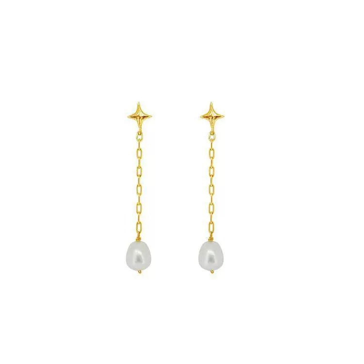 Long Drop Cross Pearl Earrings Gold Vermeil