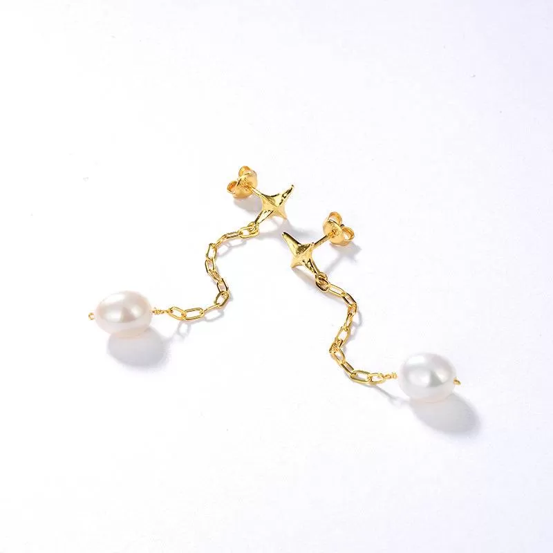 Long Drop Cross Pearl Earrings Gold Vermeil