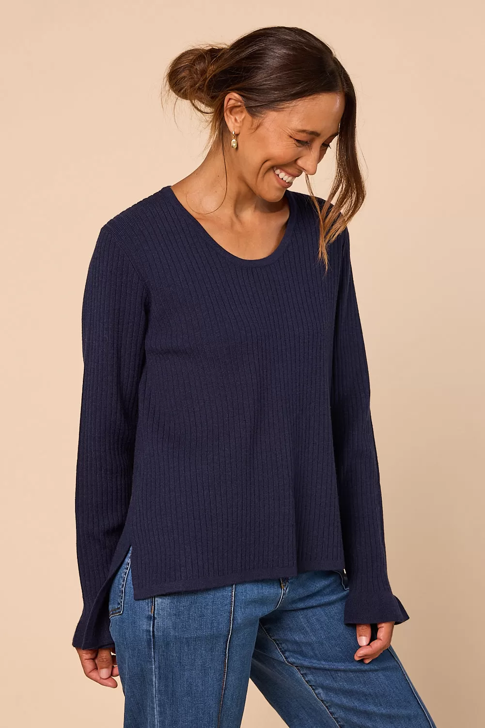 Long Sleeve Knitted Top in Navy