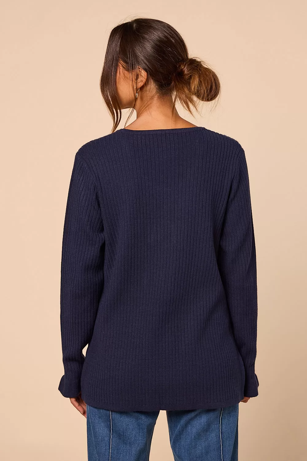 Long Sleeve Knitted Top in Navy