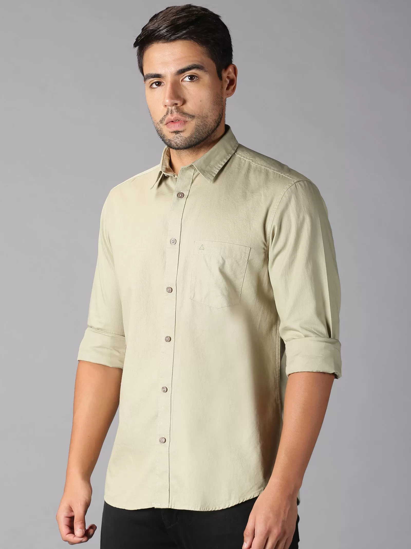 MEN'S BEIGE SOLID SLIM FIT SHIRT