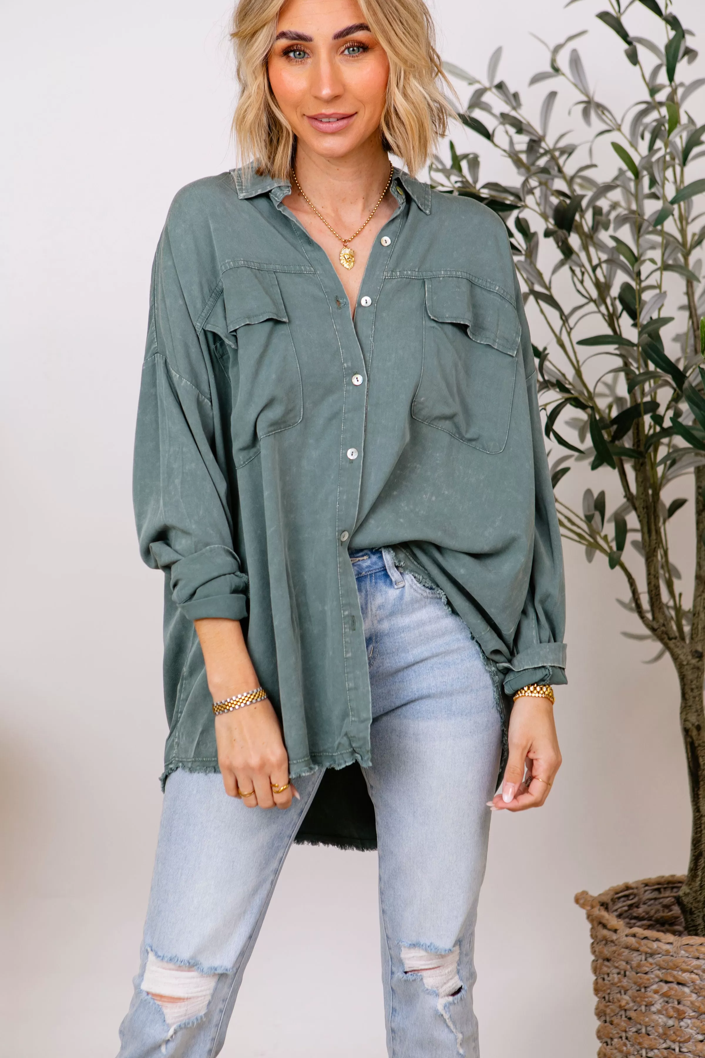 Mineral Washed Button Down Fringe Shirt (S-L)