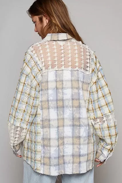 Most Wanted Lace Detail Plaid Button Up - Sand/Multi