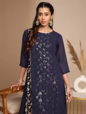 Navy Blue American Crepe Foil A-Line Kurta