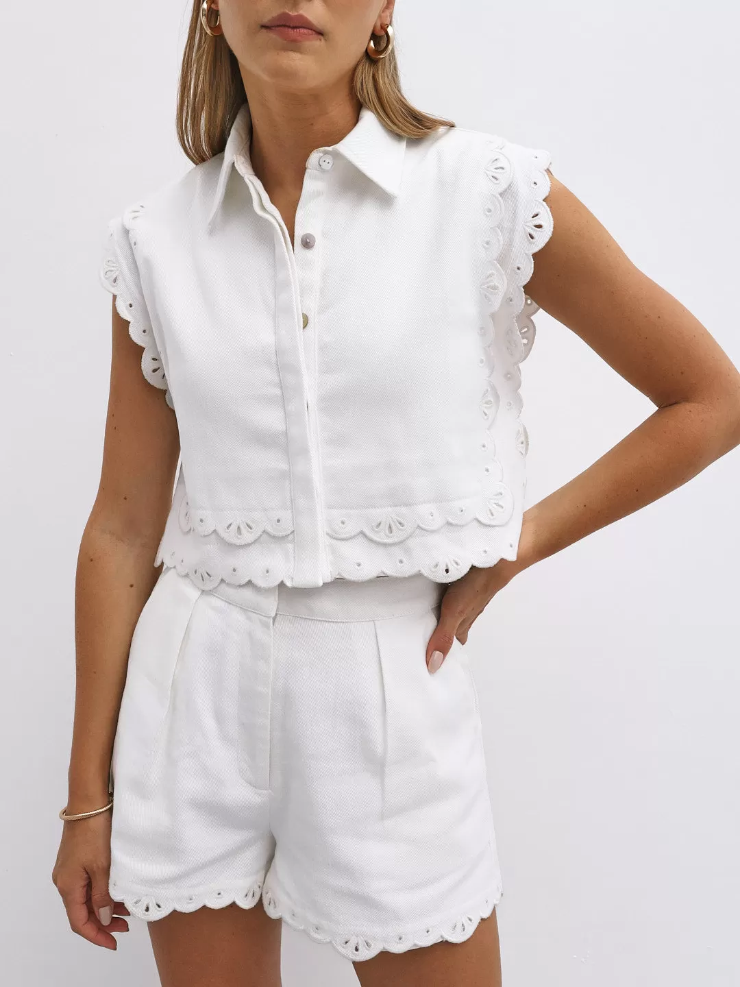 Nyla Cutwork Embroidery Denim Top | White