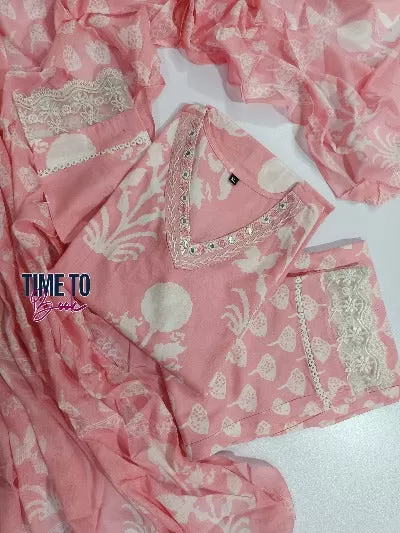 Peachy Pink Cotton Pithan Work Salwar Suit Set