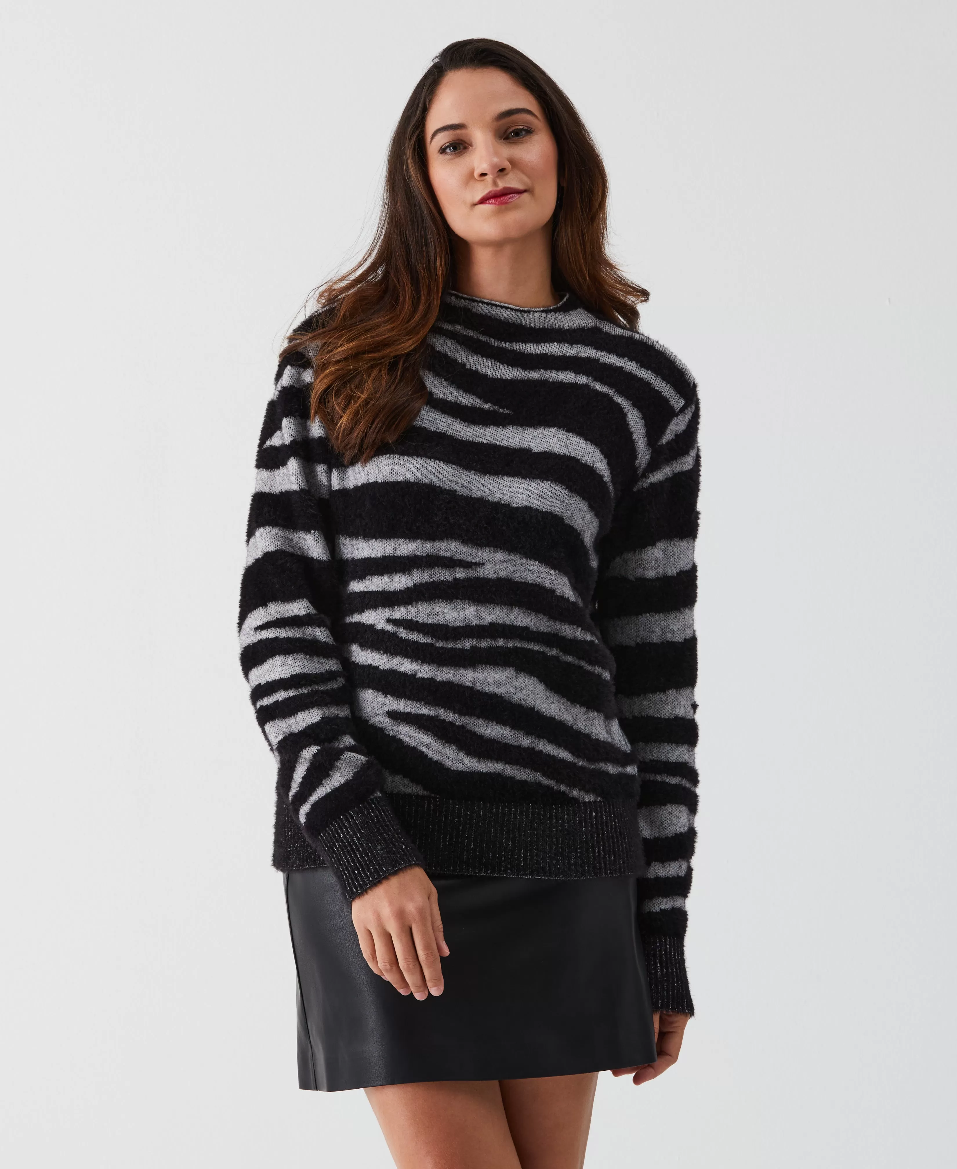 Petite Zebra Print Faux Hair Mock Neck Sweater