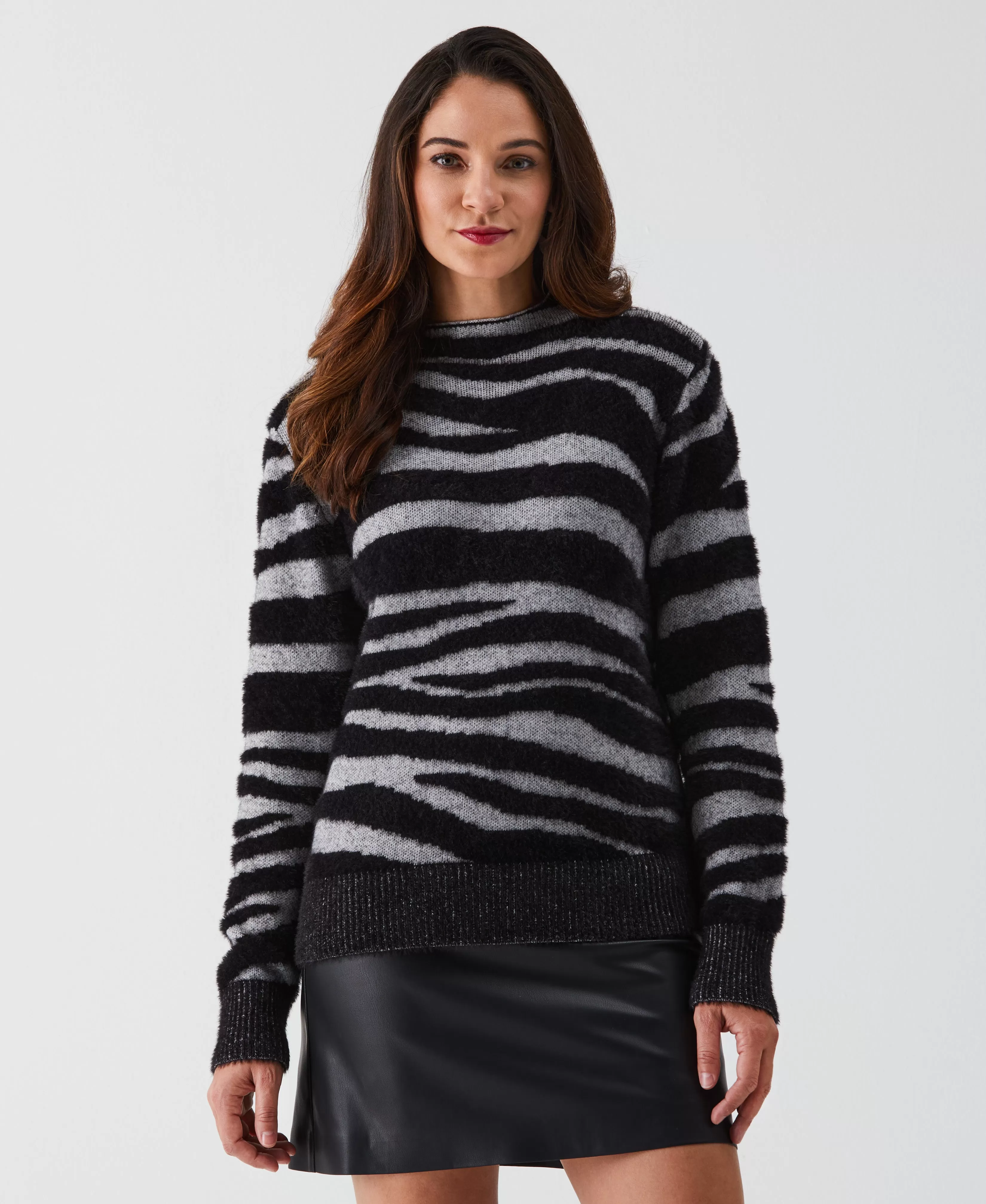 Petite Zebra Print Faux Hair Mock Neck Sweater