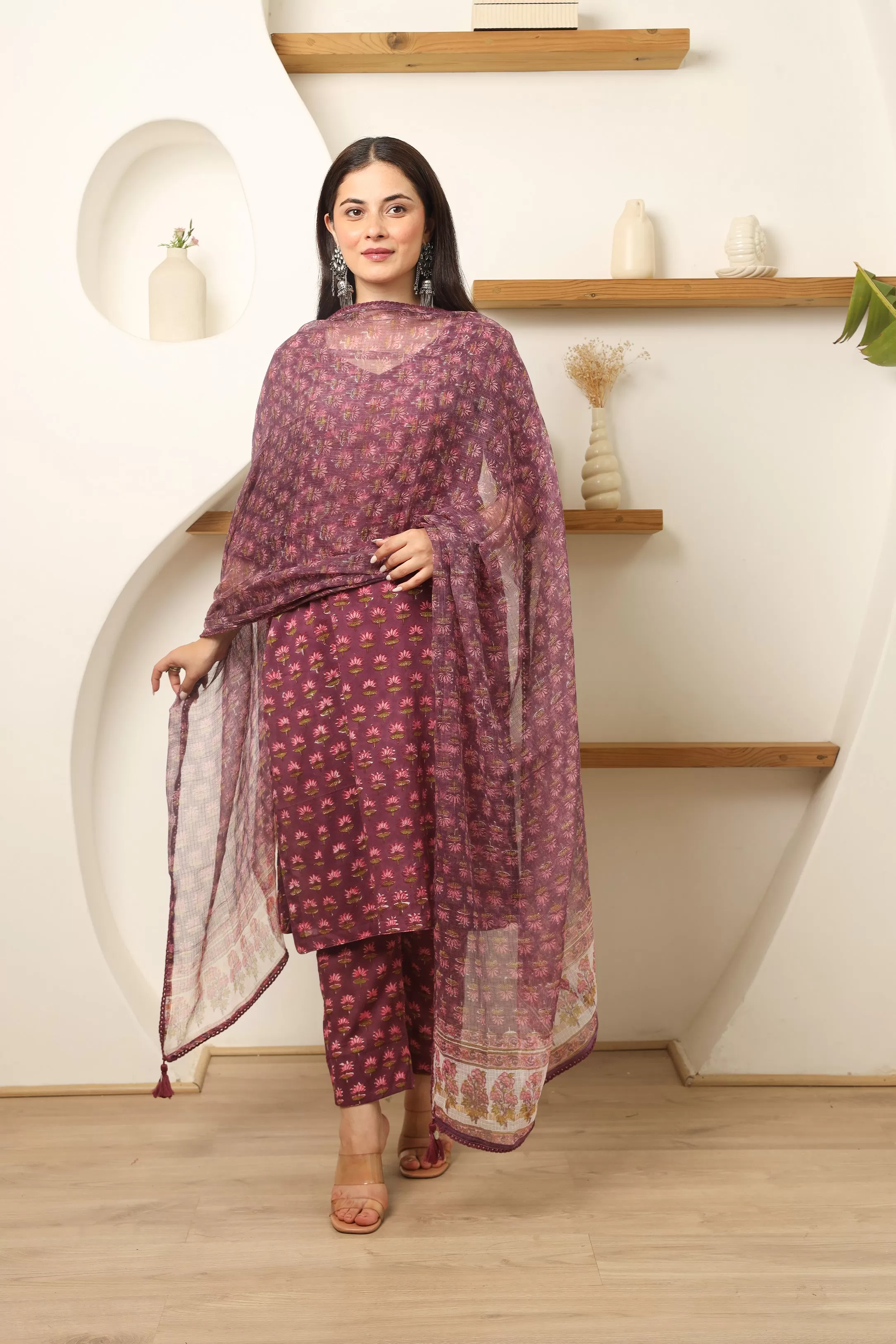 Plum Flowery Cotton Handblock Print Suit Set