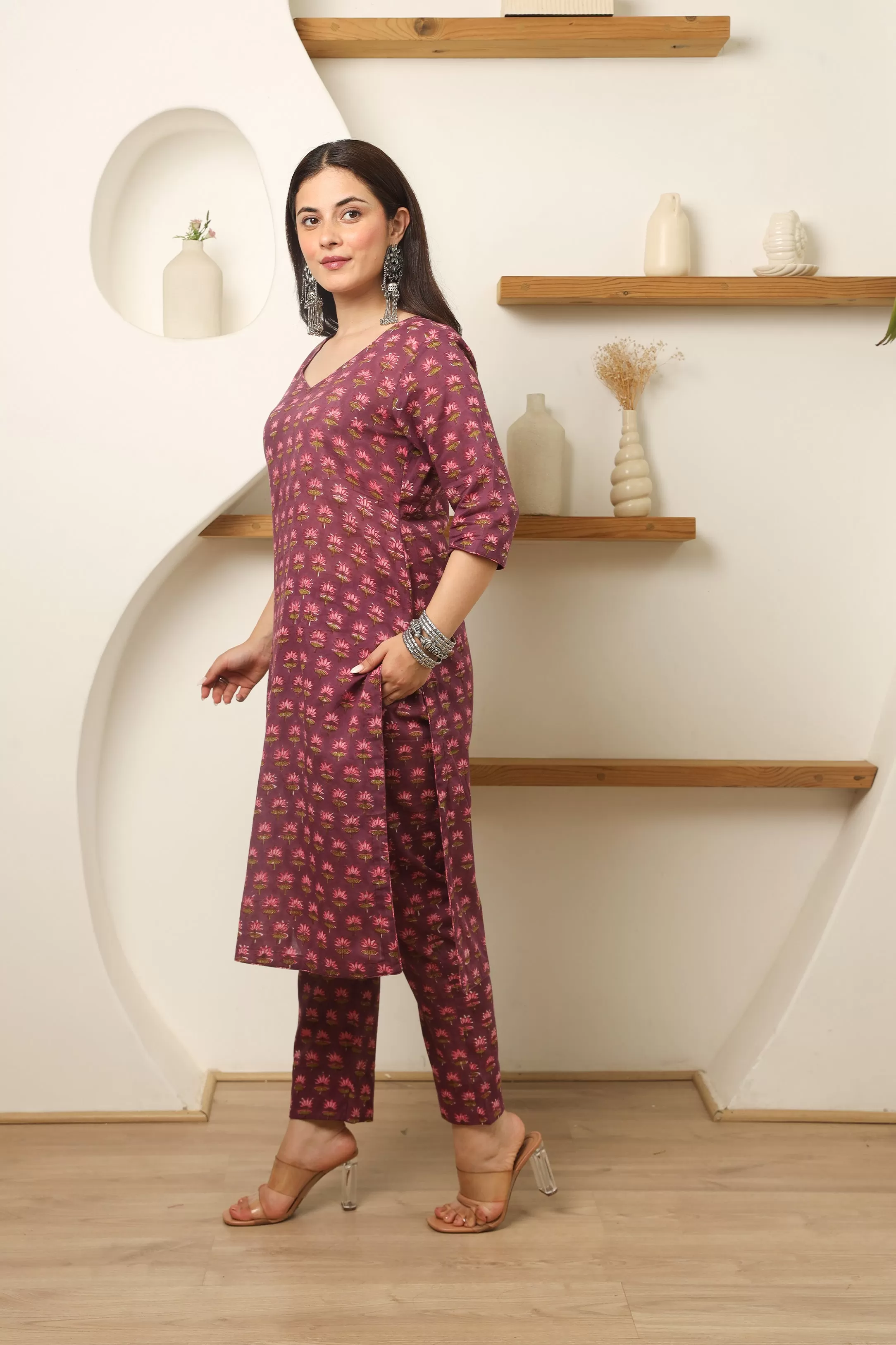 Plum Flowery Cotton Handblock Print Suit Set