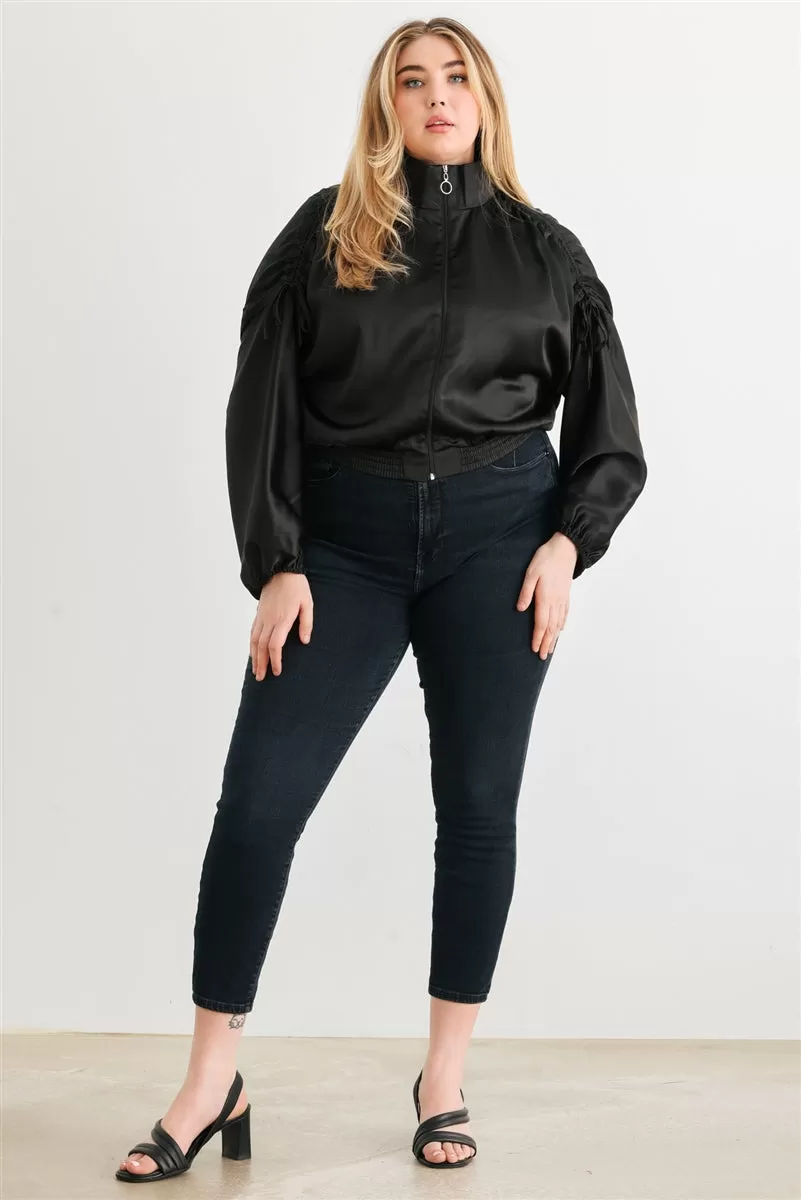 Plus Satin Zip-up Ruched Long Sleeve Cropped Bomber Jacket