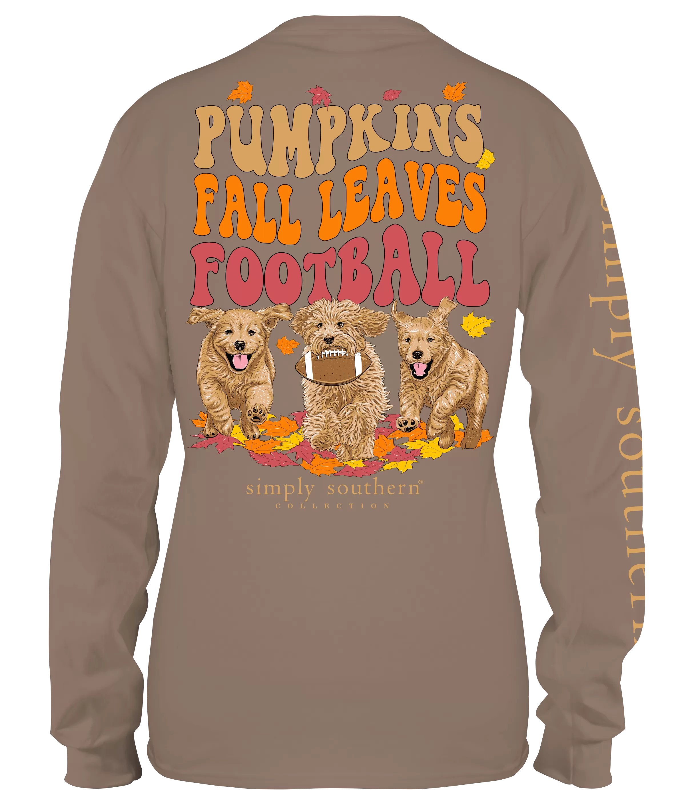 'Pumpkins, Fall Leaves, Football' Puppy Long Sleeve Tee by Simply Southern