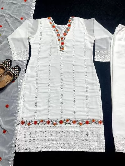 Pure White Georgette Embroidered Salwar Suit Set