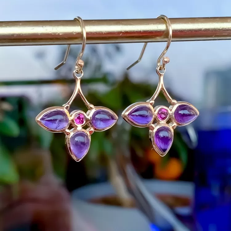 Purple Amethyst & Pink Tourmaline Dangle 14k Gold Earrings