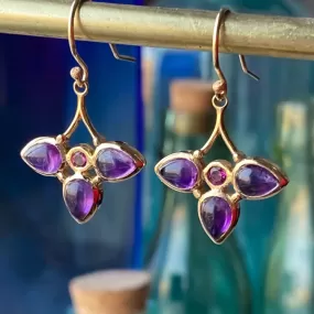 Purple Amethyst & Pink Tourmaline Dangle 14k Gold Earrings