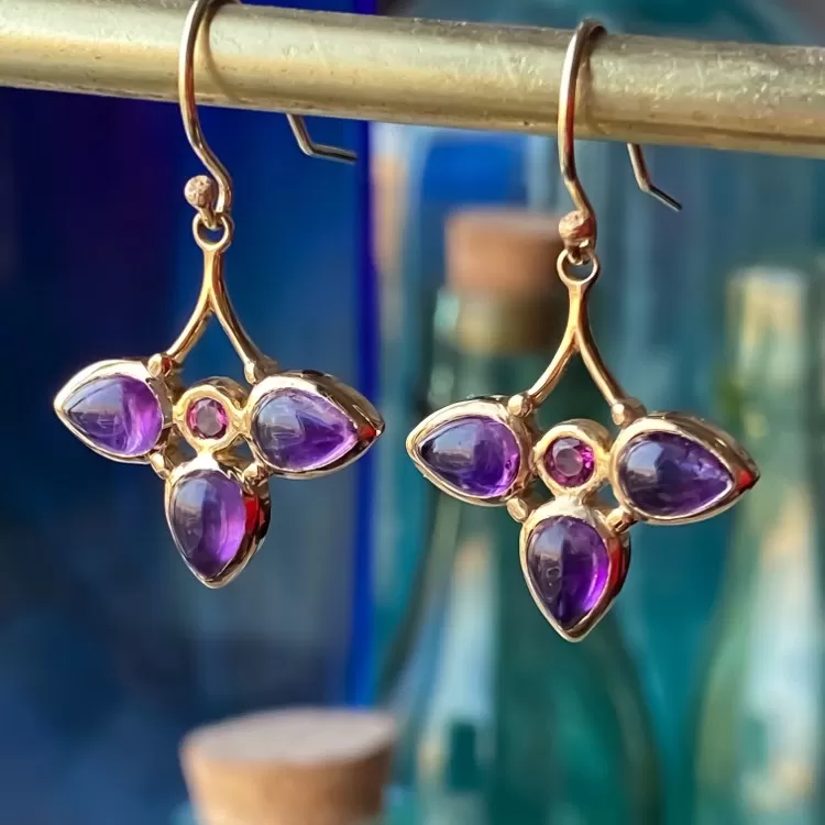 Purple Amethyst & Pink Tourmaline Dangle 14k Gold Earrings