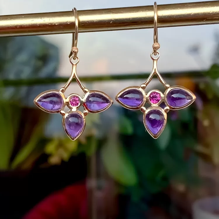 Purple Amethyst & Pink Tourmaline Dangle 14k Gold Earrings