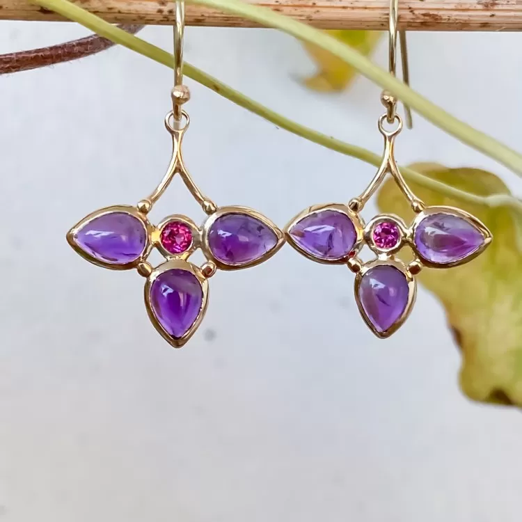 Purple Amethyst & Pink Tourmaline Dangle 14k Gold Earrings