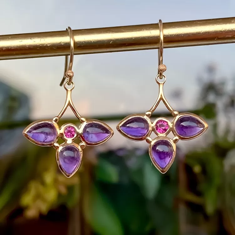 Purple Amethyst & Pink Tourmaline Dangle 14k Gold Earrings