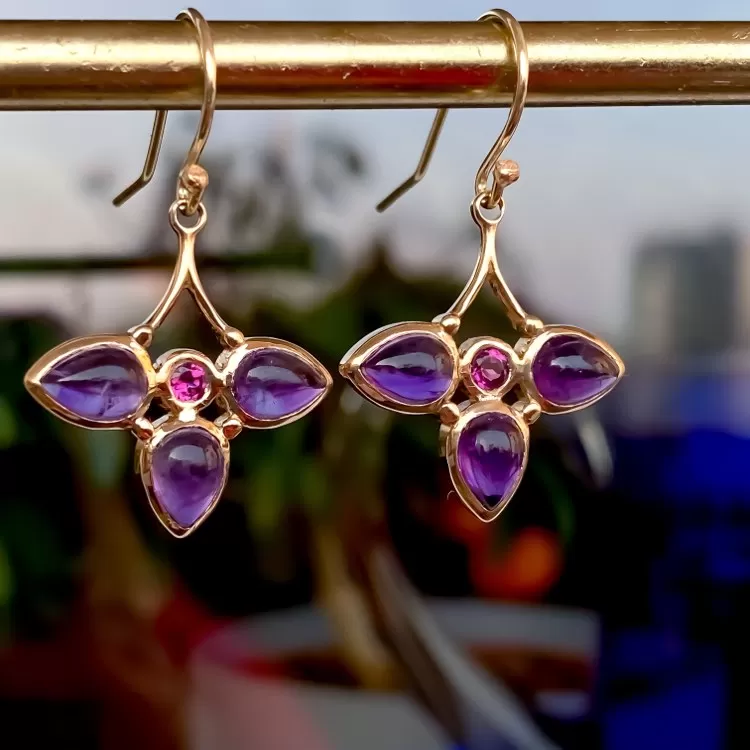 Purple Amethyst & Pink Tourmaline Dangle 14k Gold Earrings