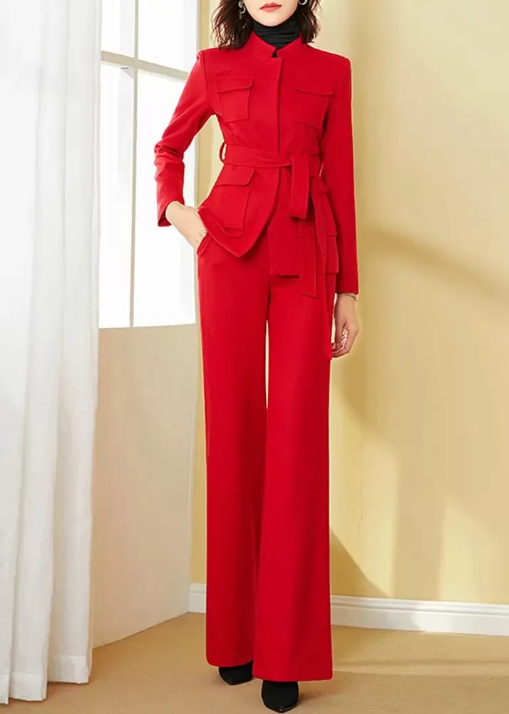 Red Belted Jacket & Wide Leg Pants Suit