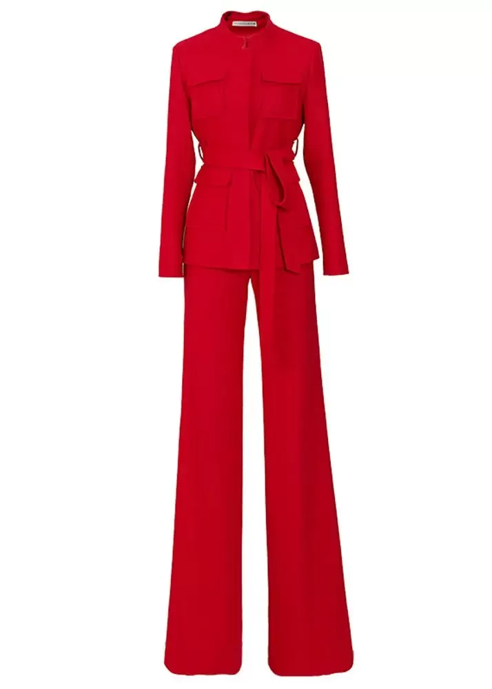 Red Belted Jacket & Wide Leg Pants Suit