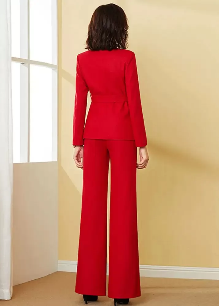 Red Belted Jacket & Wide Leg Pants Suit