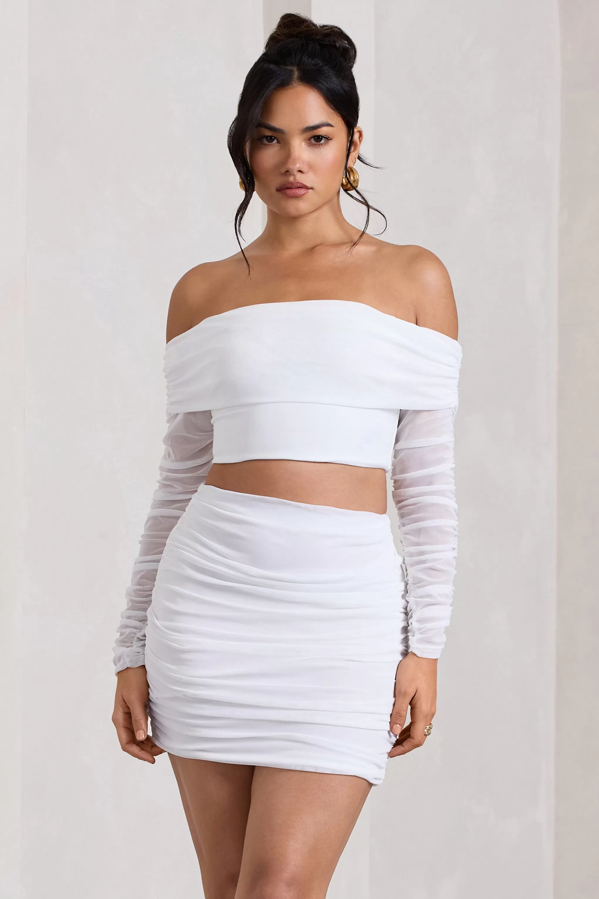 Rule Breaker | White Ruched Mesh Bardot Crop Top