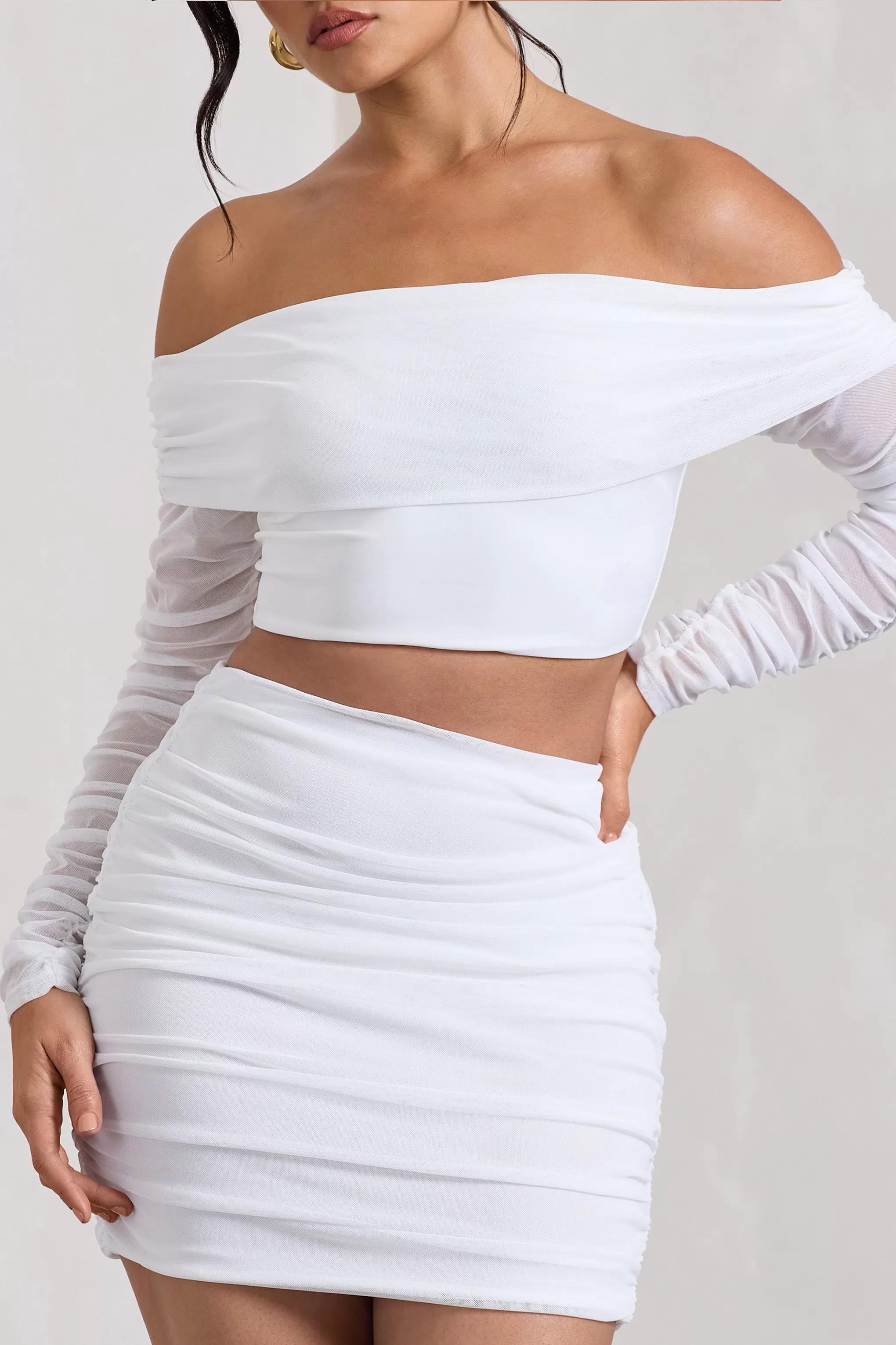 Rule Breaker | White Ruched Mesh Bardot Crop Top