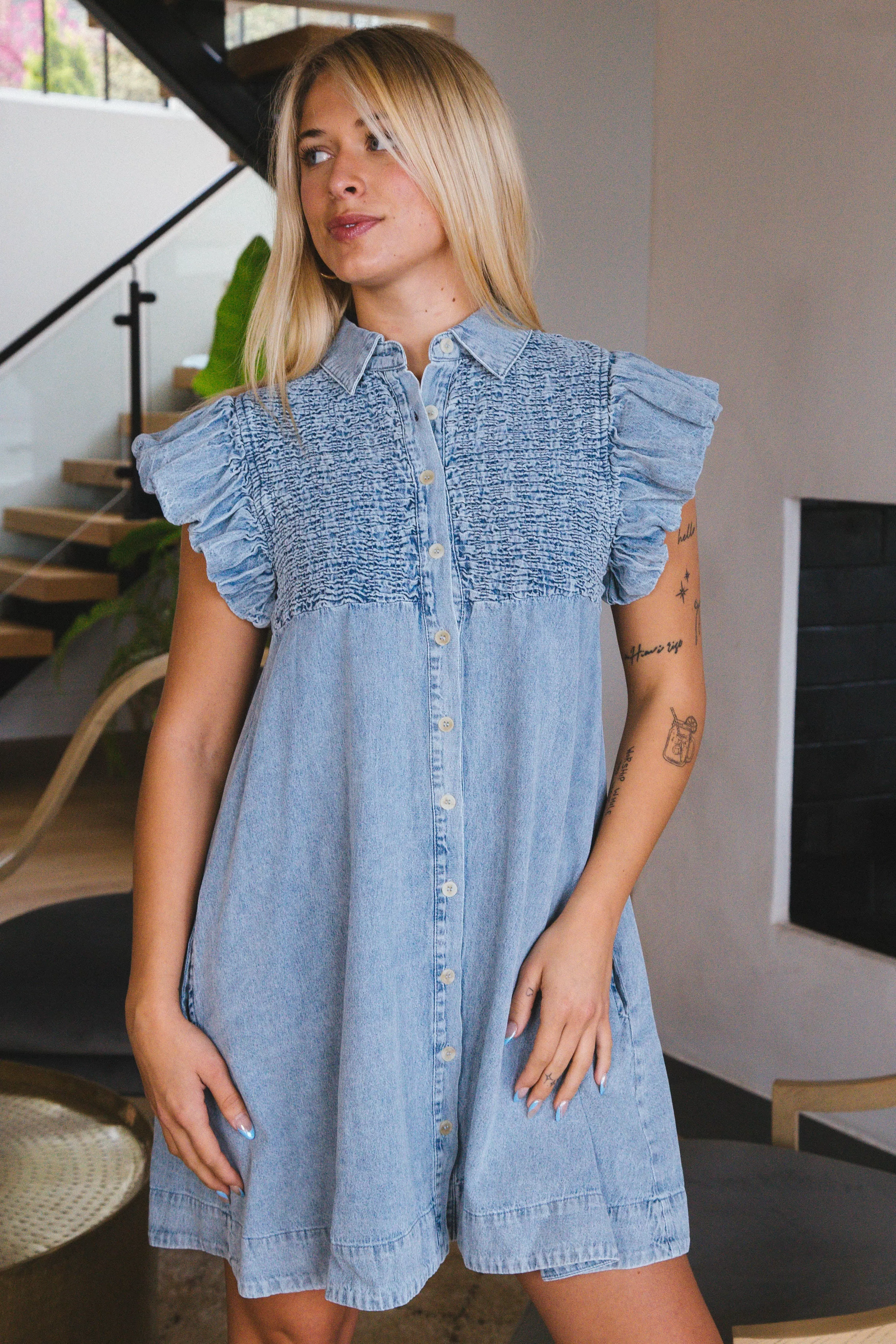 Sadie Denim Button Down Dress, Light Blue