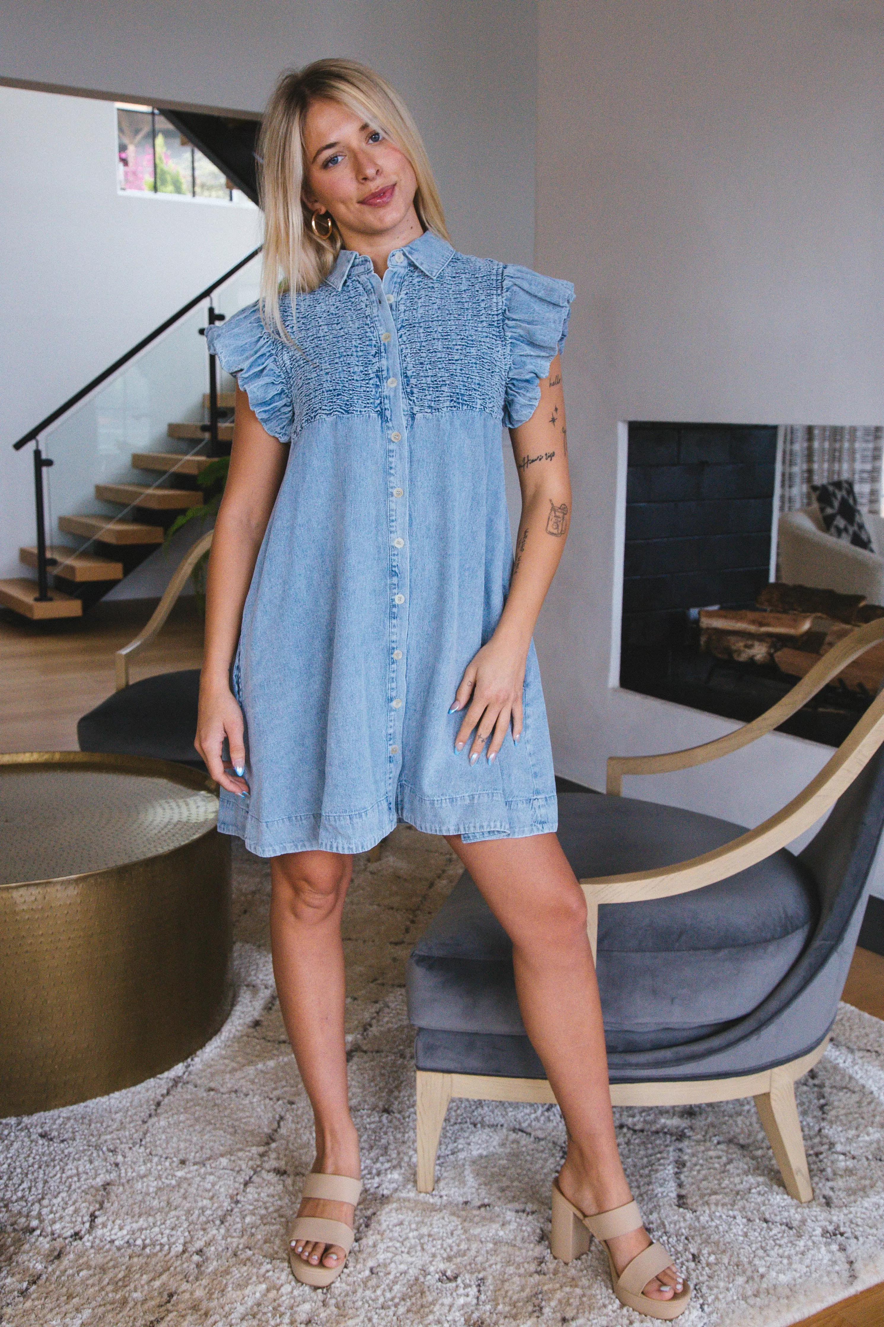 Sadie Denim Button Down Dress, Light Blue