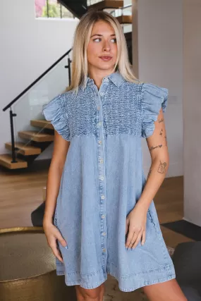 Sadie Denim Button Down Dress, Light Blue