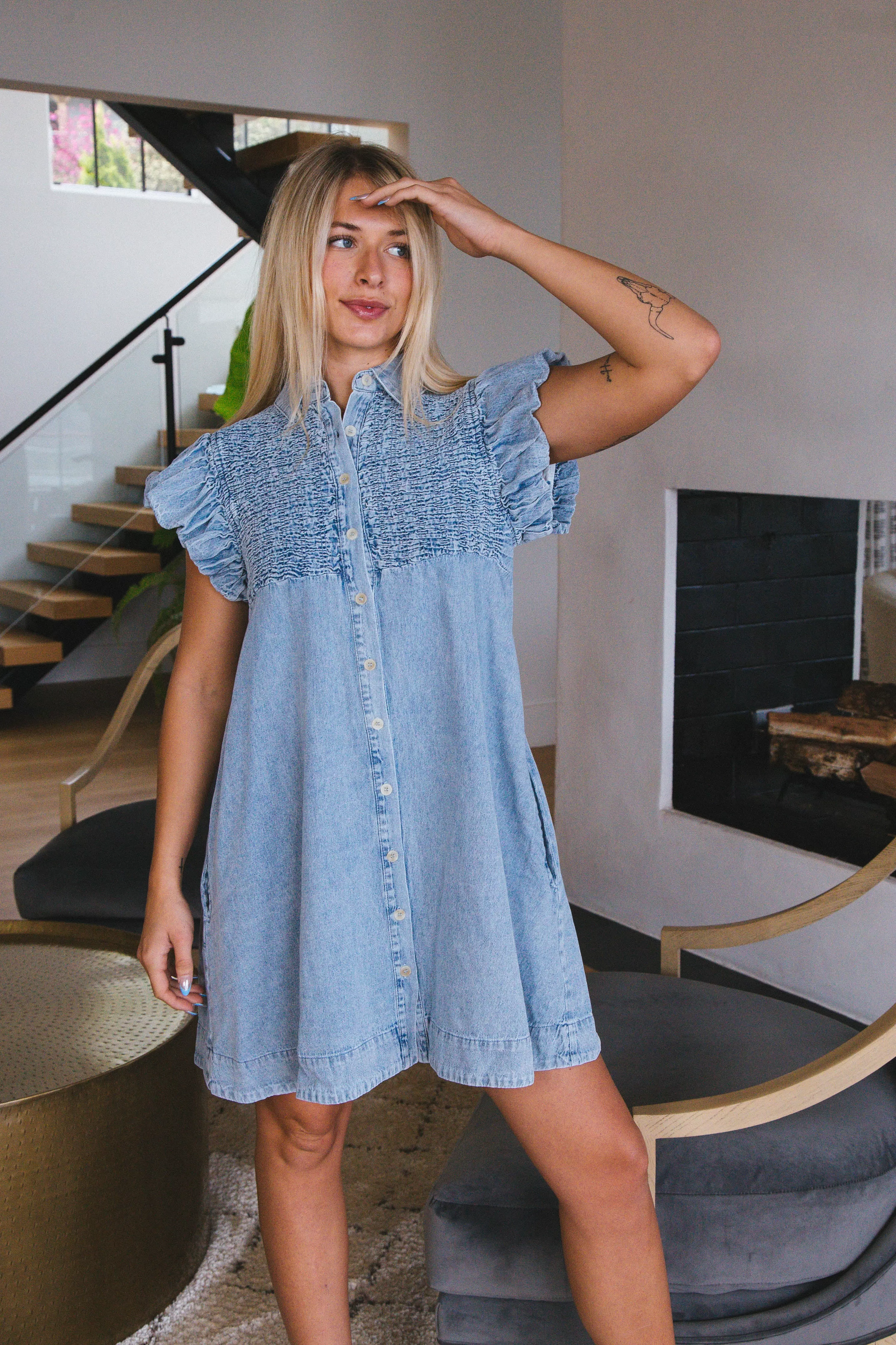 Sadie Denim Button Down Dress, Light Blue