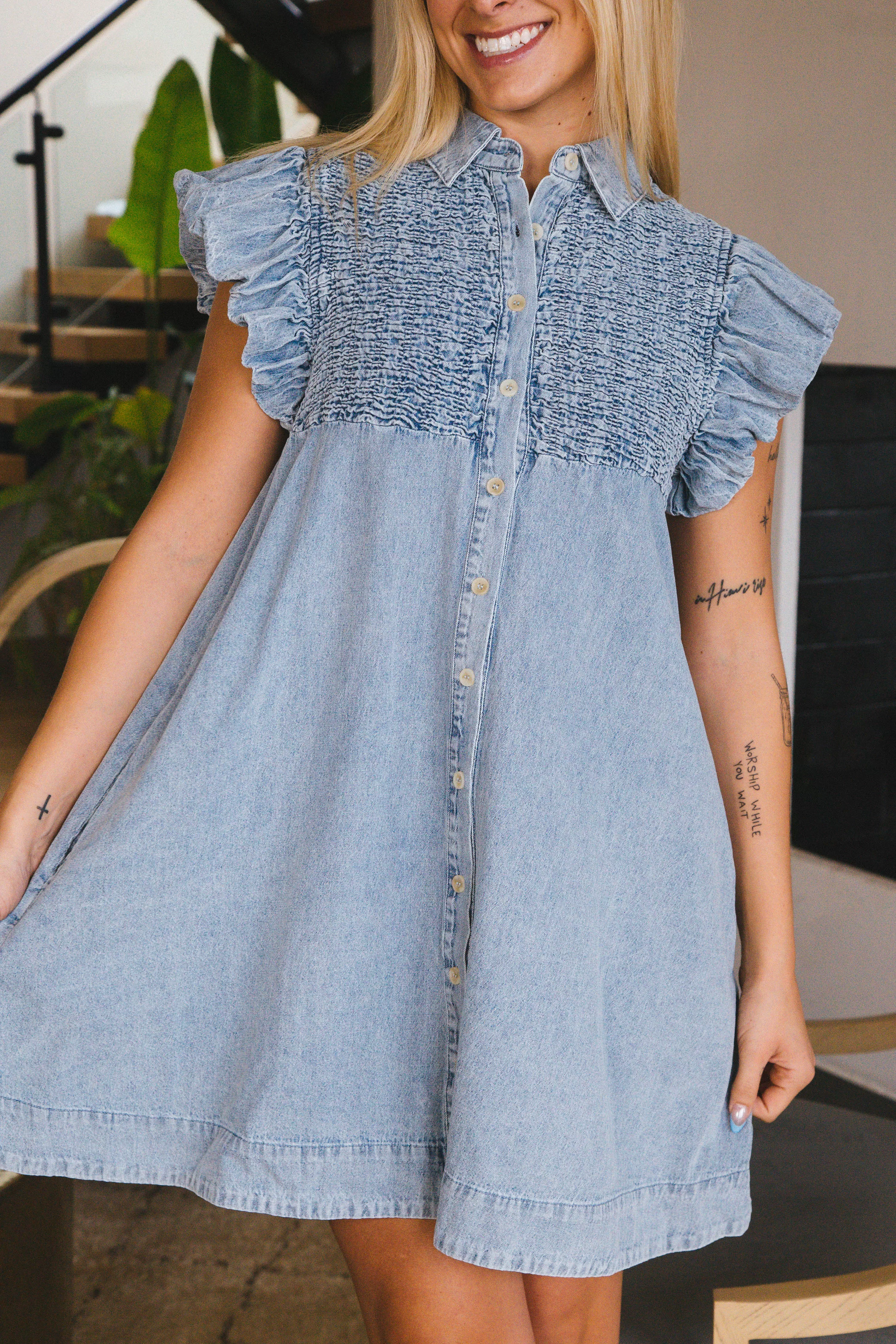 Sadie Denim Button Down Dress, Light Blue